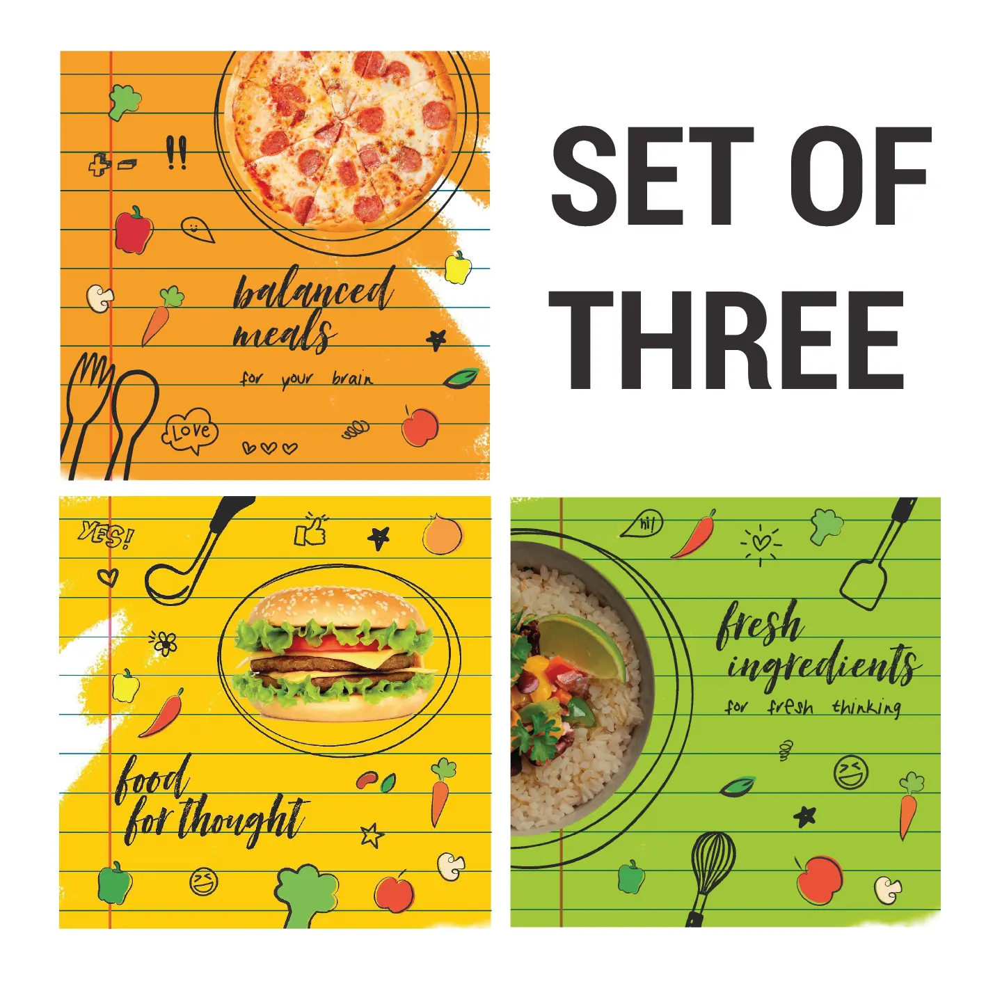 Art Poster ( Set of 3 ) “Food For Thought” “Balanced Meals” “Fresh Ingriedients”