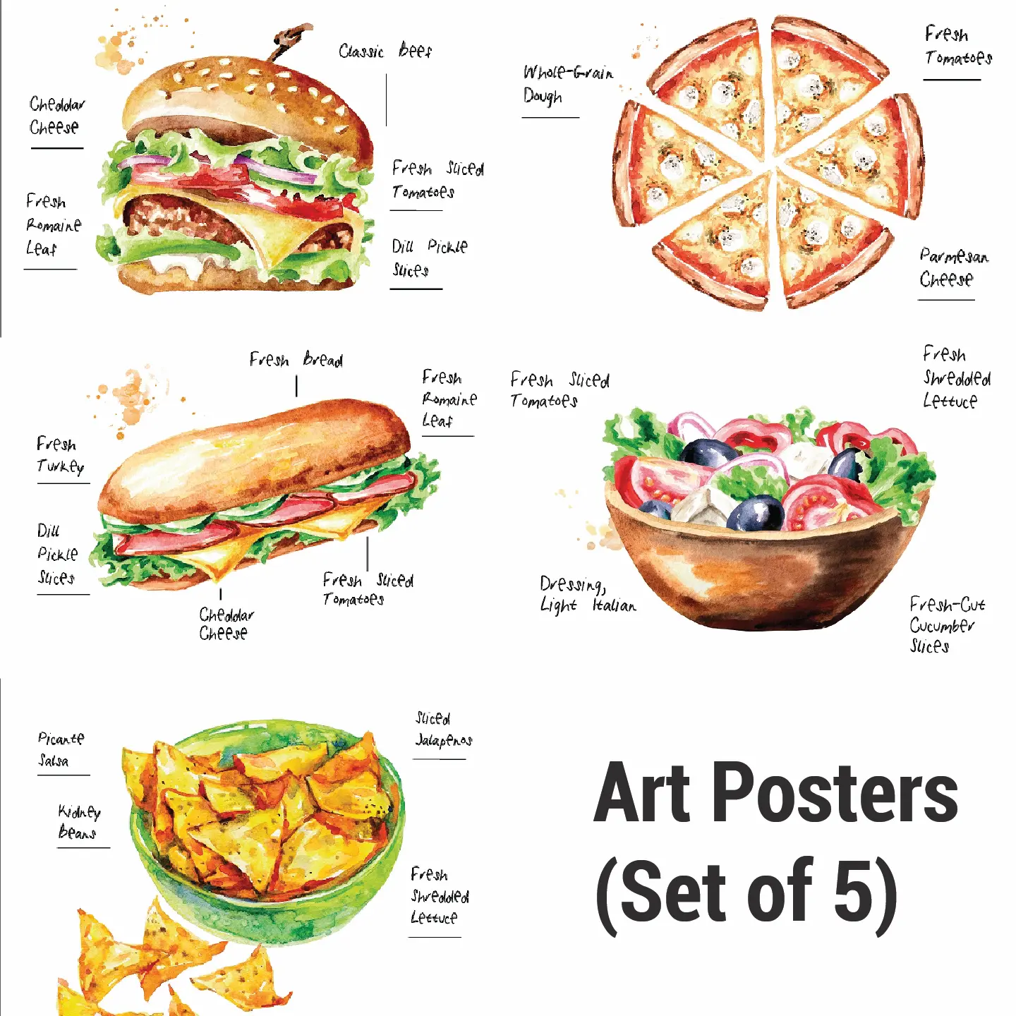 Art Posters ( Set of 5 ) “Grilled Cheesburger” “Cheese Pizza” “Fresh Salad” “Turkey Sub” “Cheesy Nachos”